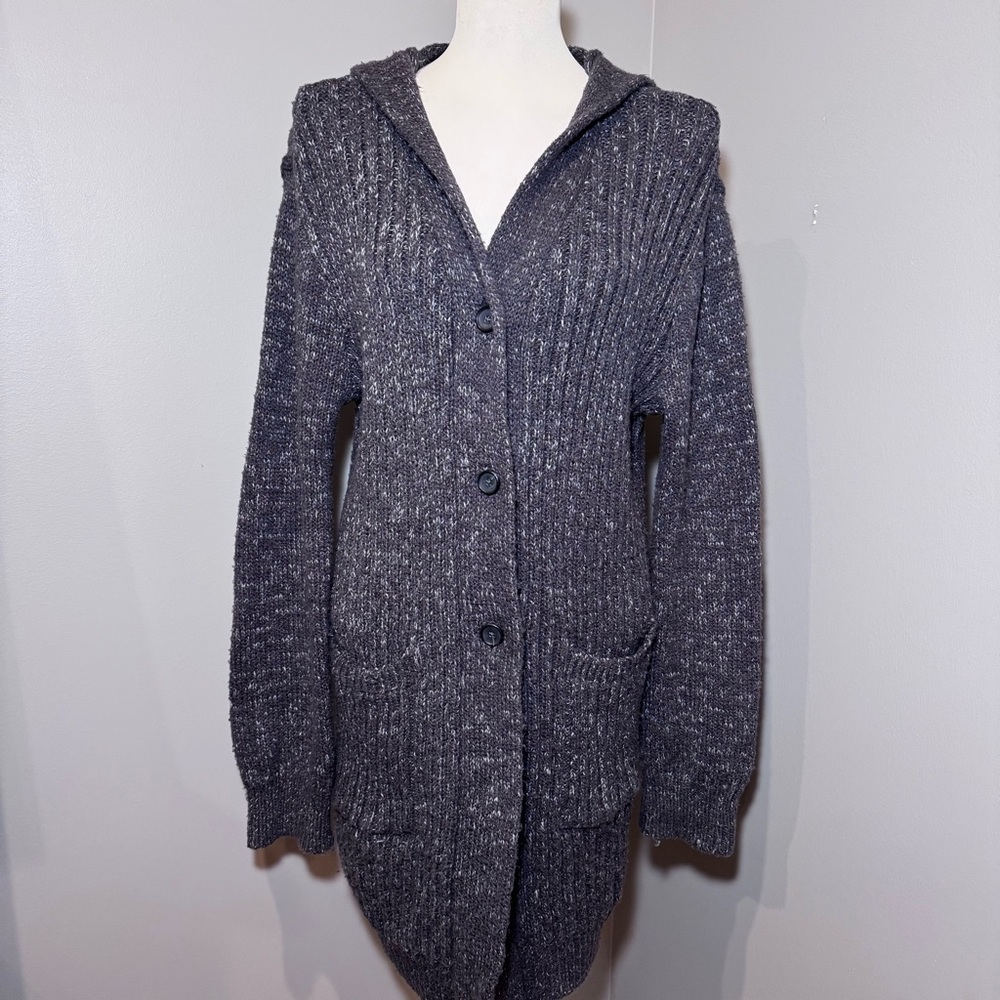 PRANA Hooded Cotton Bland Tunic Length Cardigan Sweater CHARCOAL / MEDIUM